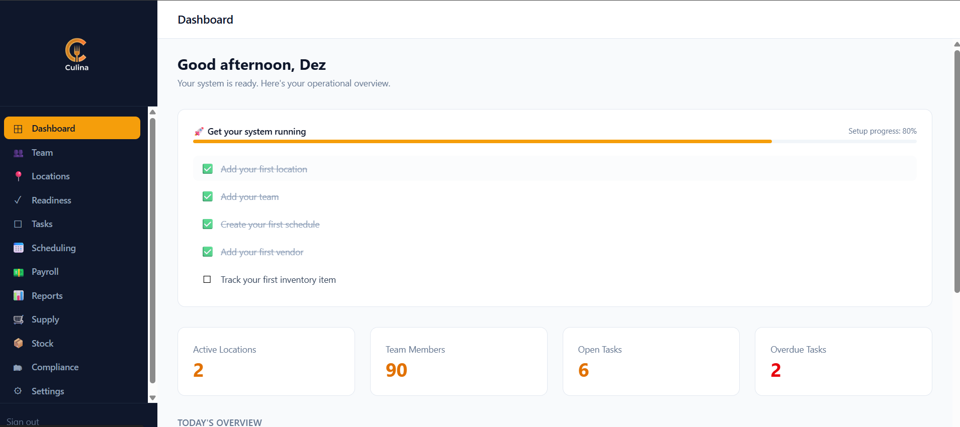 Culina Core Dashboard UI
